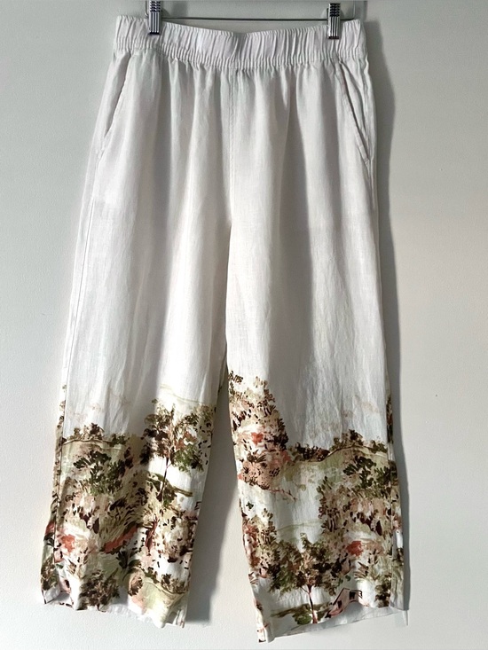 Tahari Pants - Tahari 100% Women’s Linen White Pull On Wide Leg Pants Pastel Watercolor Scene M
